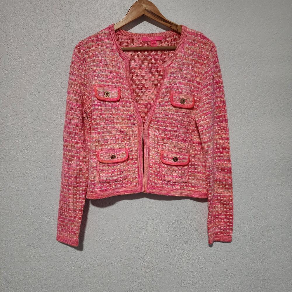 Lilly Pulitzer Kienna Pink Metallic Cardigan Jacket Gold Accent Medium Preppy